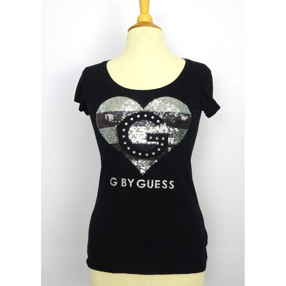 G by Guess Black Sequin Heart Logo Tee - Size Medium